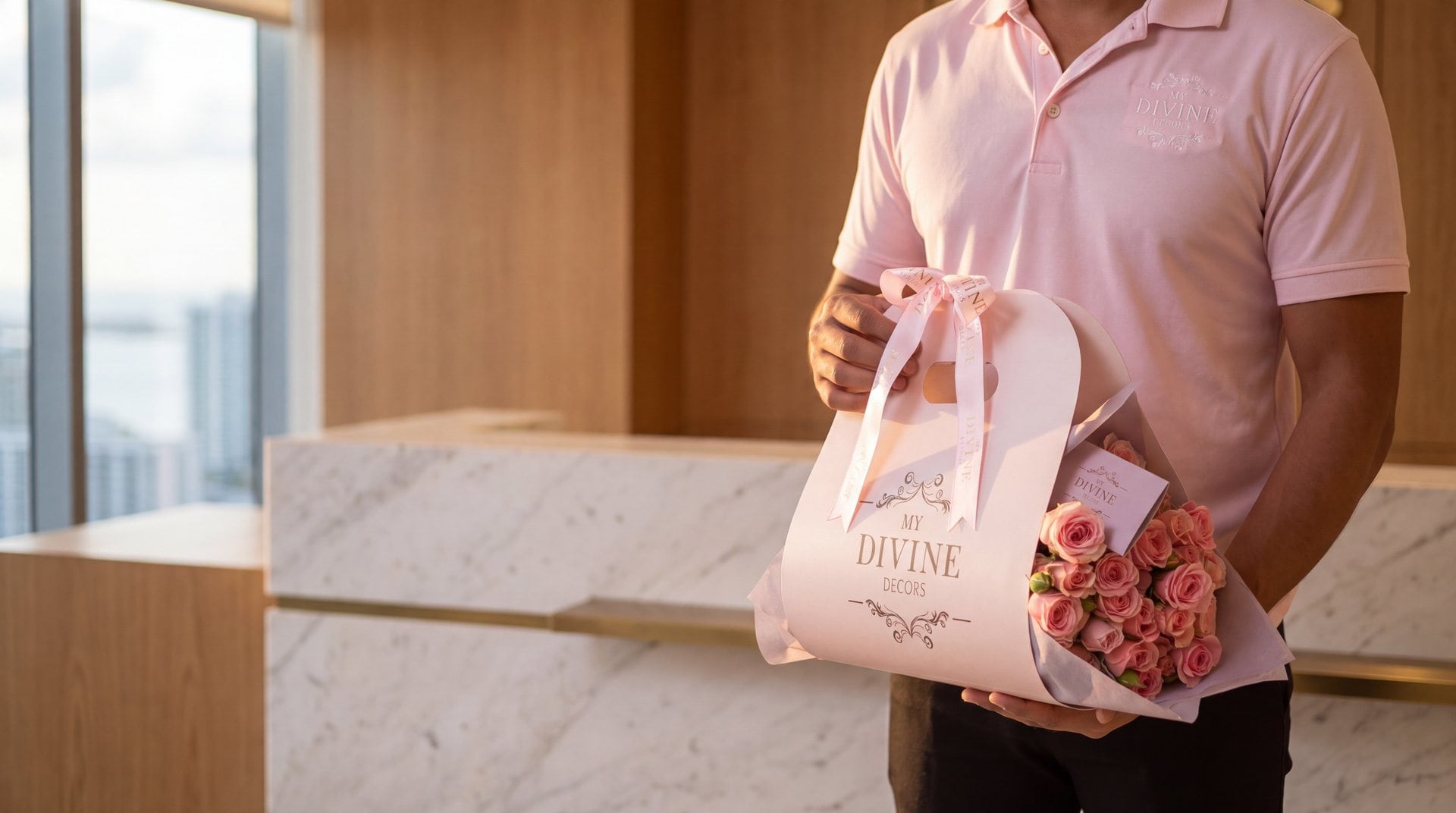 Divine Bag rosa de My Divine Decors con mini rosas en manos de un repartidor en la recepción de una oficina en Brickell, Miami