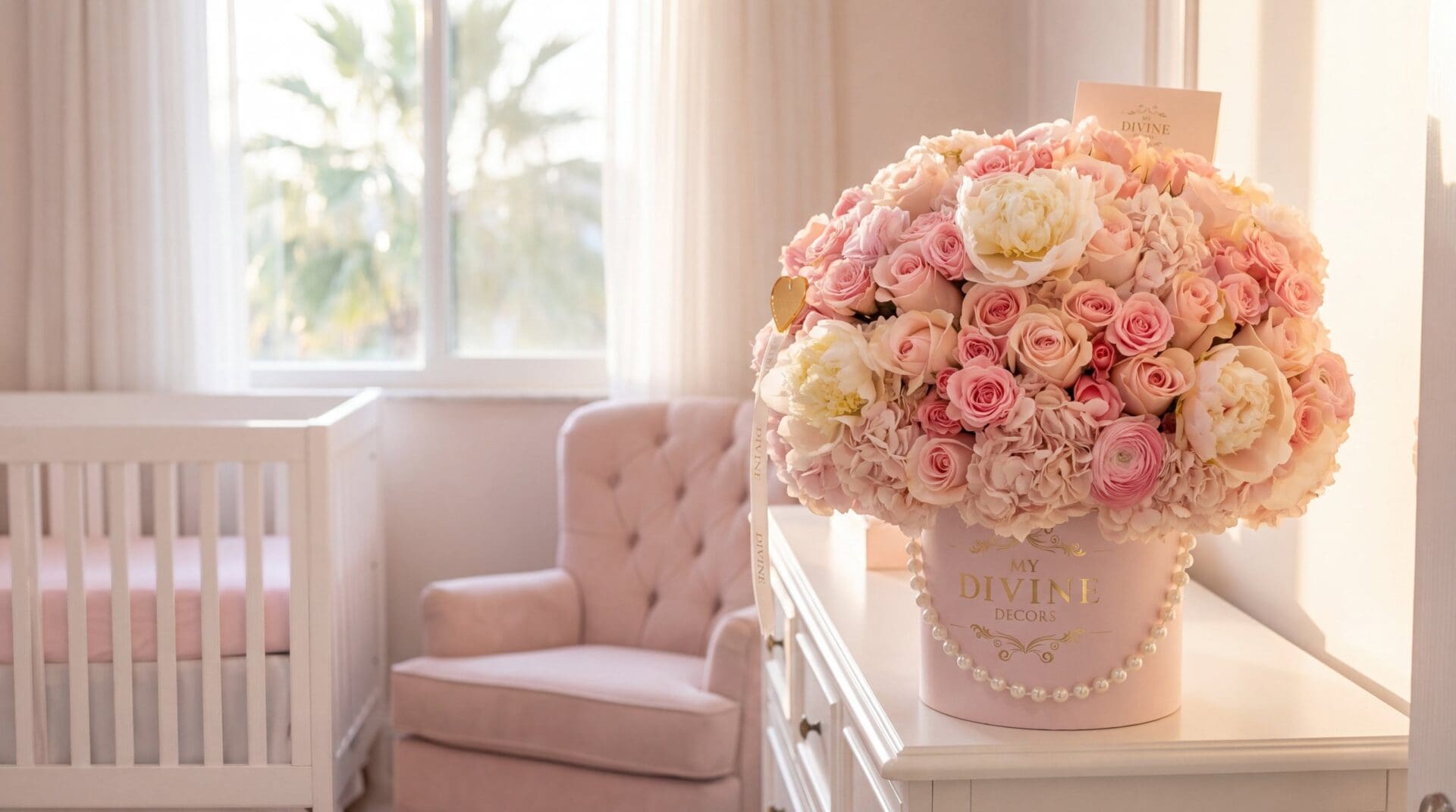 Caja Sombrero Premium Bloom Rosa de My Divine Decors con rosas, peonías e hortensias rosadas y perlas en el cuarto de una bebé en Miami
