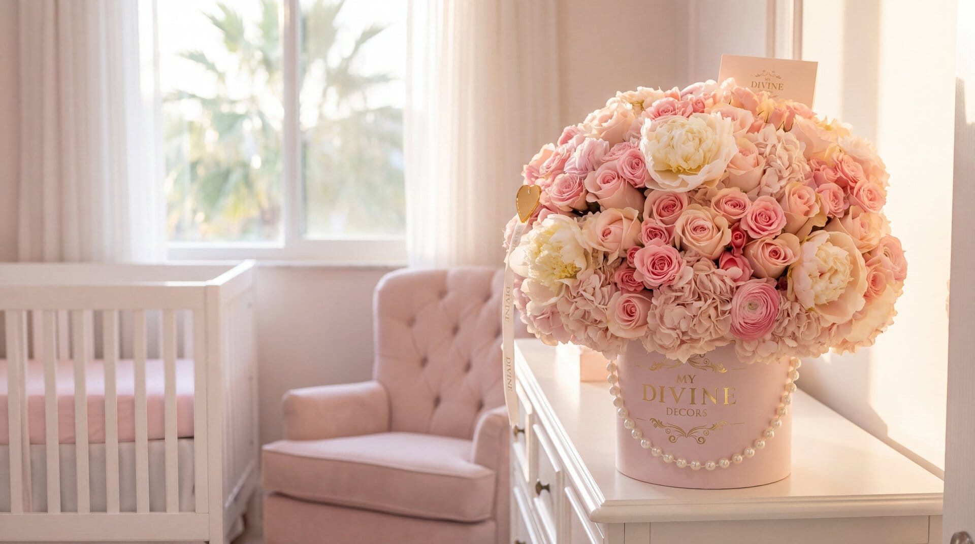 Caja Sombrero Premium Bloom Rosa de My Divine Decors con rosas, peonías e hortensias rosadas y perlas en el cuarto de una bebé en Miami