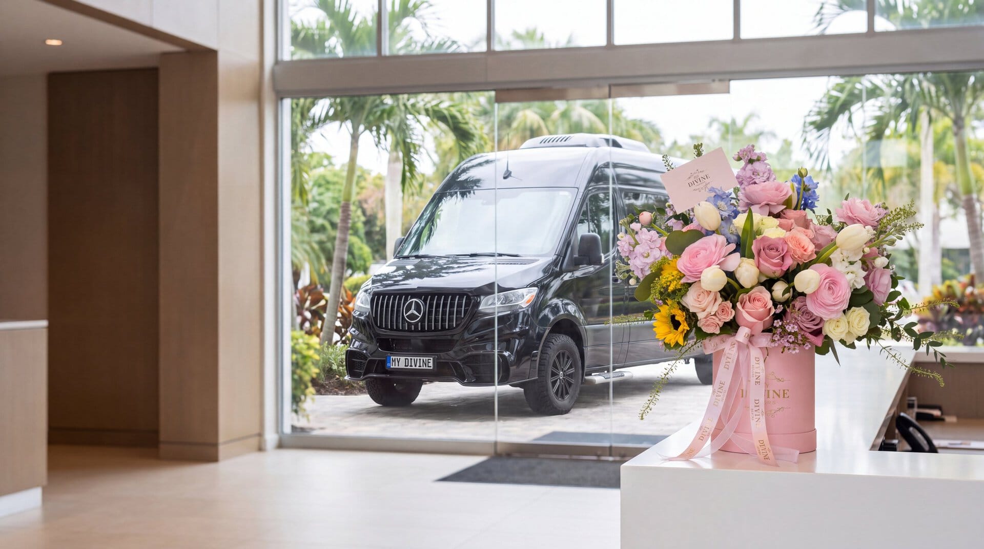 Soft Petals flower box on an office reception desk in Doral with the My Divine Decors van outside