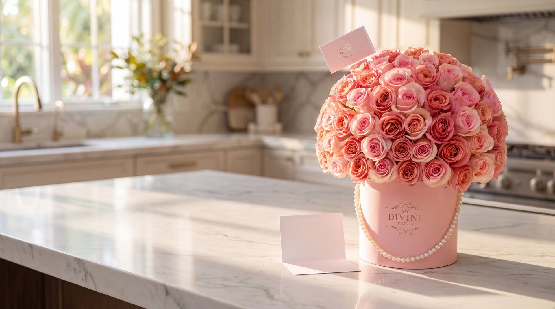 Una caja rosada de My Divine Decors con rosas rosadas y melocotón y un hilo de perlas, recién entregada en la isla de una cocina en Coral Gables, con una tarjeta en blanco al lado