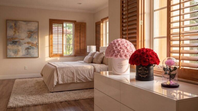 Una caja sombrero blanca de My Divine Decors con rosas preservadas rosadas y collar de perlas, una caja negra de rosas preservadas rojas y una cúpula de cristal con una rosa preservada rosada sobre una cómoda en una habitación de Coral Gables