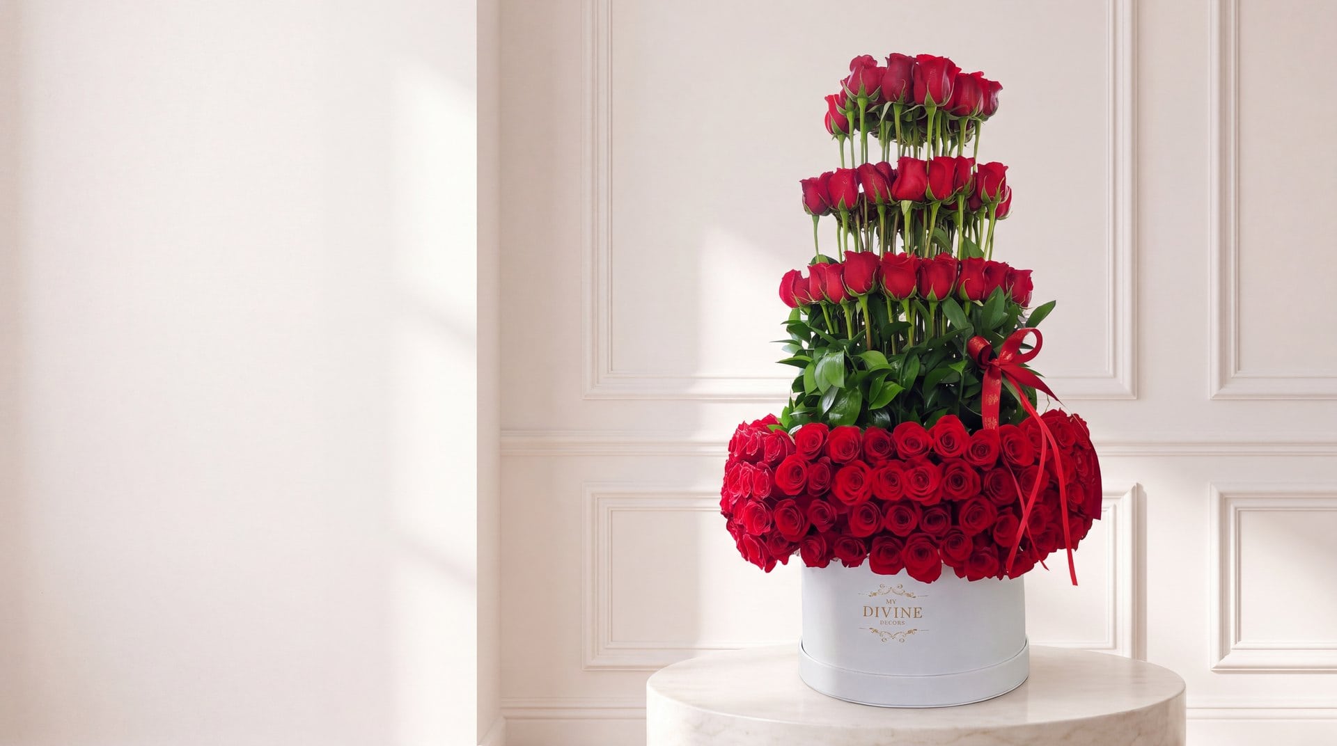 Tiered red rose tower by My Divine Decors in a white MY DIVINE hat box with a red satin ribbon, on an ivory marble plinth