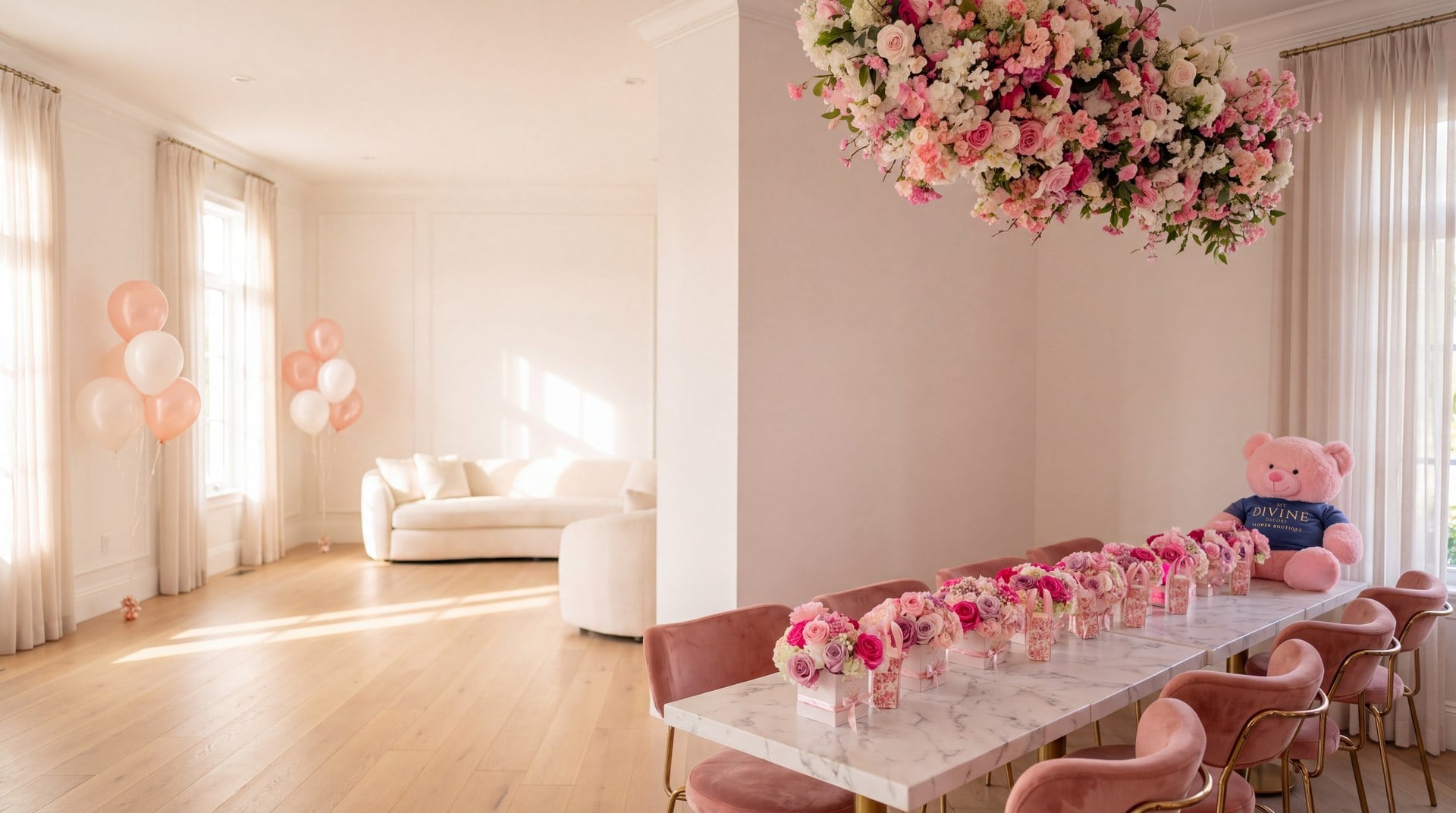 Baby shower table in a Miami living room with a row of pink and fuchsia rose arrangements, a pink teddy bear and a hanging floral cloud by My Divine Decors