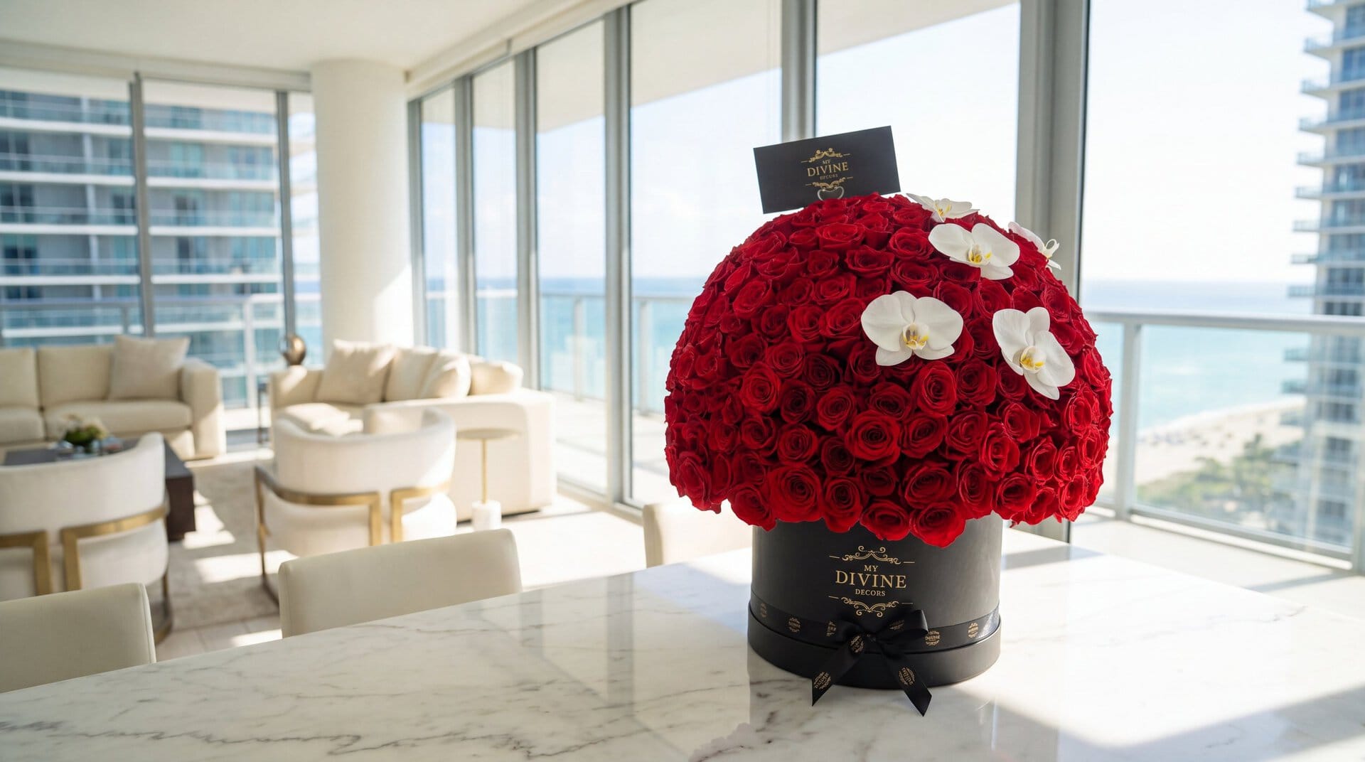 350 red roses with white orchids in a black My Divine Decors Grand round box on a marble table in an oceanfront penthouse in Sunny Isles Beach