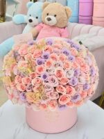150-rose dome with gold butterflies in a pink My Divine Decors box