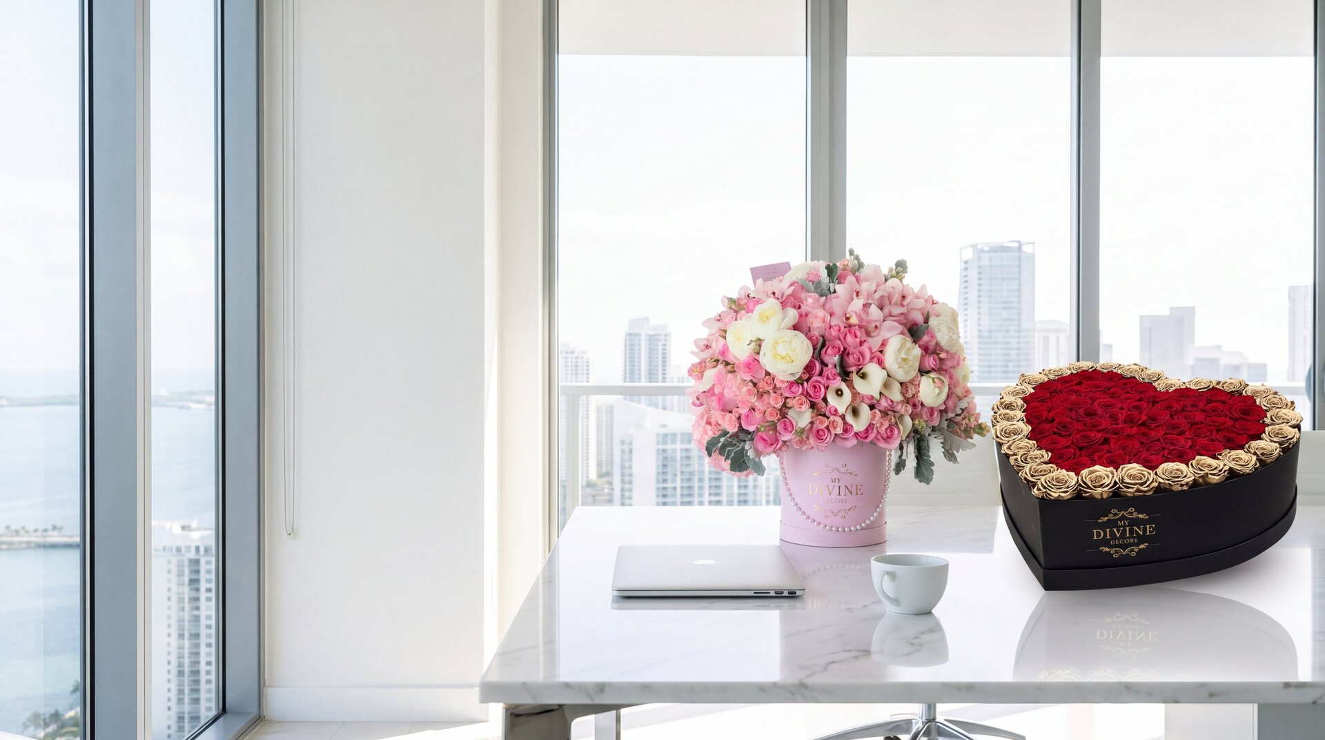 A black My Divine Decors heart box of red preserved roses bordered with gold roses and a pink hat box of pink roses, peonies and calla lilies on a marble desk in a Brickell office overlooking the bay