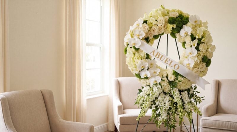 The My Divine Decors Ivory Serenity Wreath of white roses, hydrangeas and orchids on an easel in a funeral home viewing room, with a white satin ribbon printed Abuelo in gold
