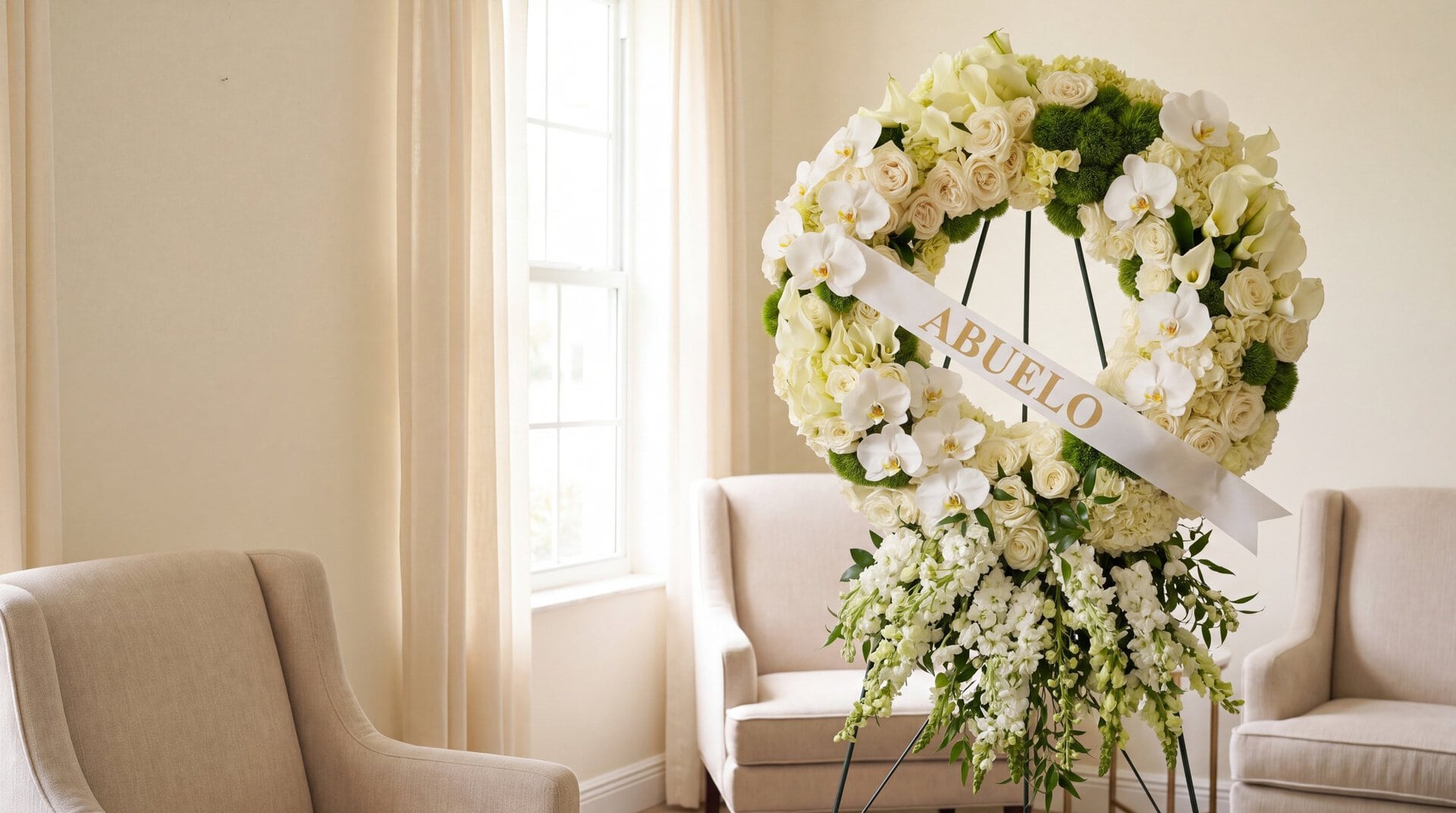 The My Divine Decors Ivory Serenity Wreath of white roses, hydrangeas and orchids on an easel in a funeral home viewing room, with a white satin ribbon printed Abuelo in gold