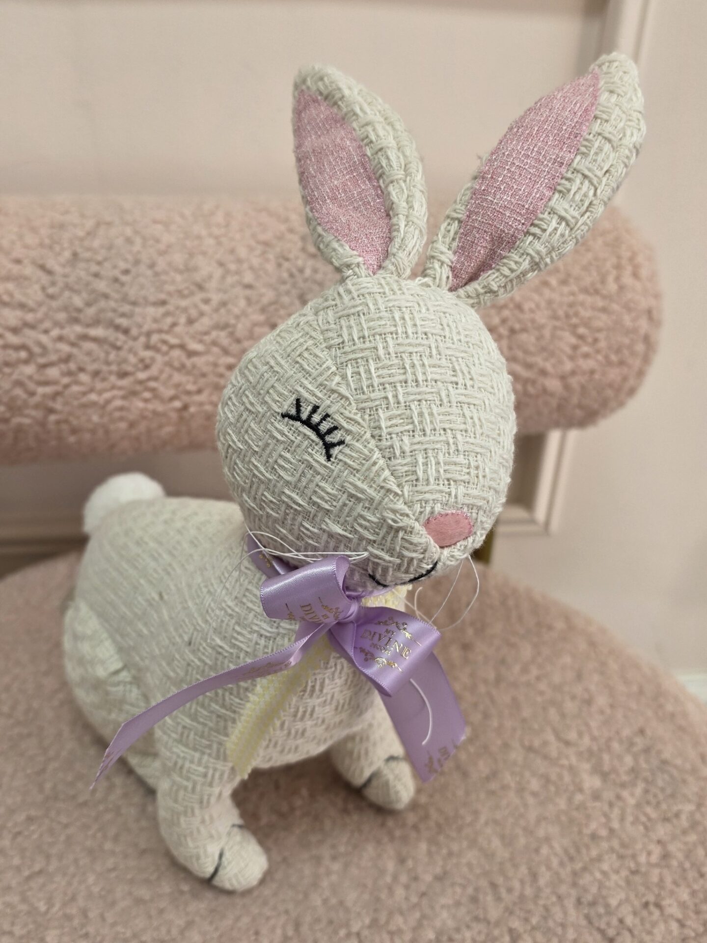 Woven Texture Bunny, Lilac Ribbon Ivory woven texture bunny figure with sleepy eyes and a lilac My Divine Decors ribbon